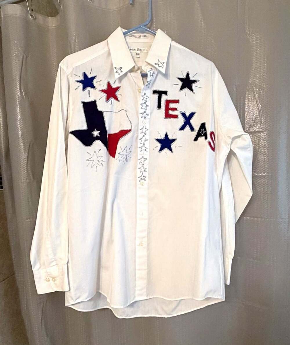 Moda Bianco Men's L White Woven Long Sleeve Texas Embroidered Button-Up